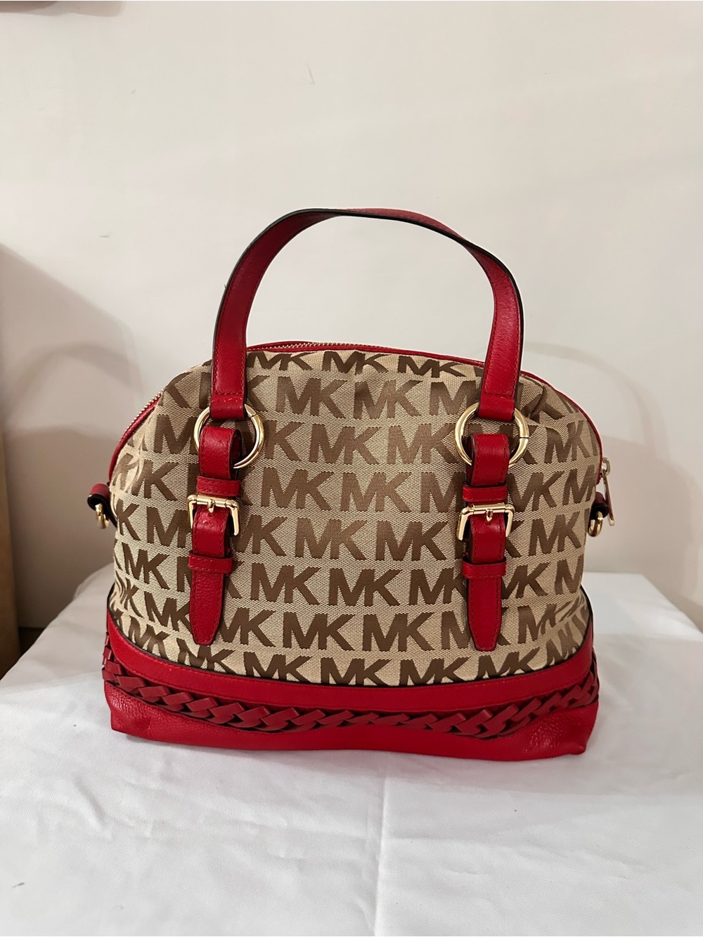 Michael Kors Beige MK Monogram Satchel with Red Trim